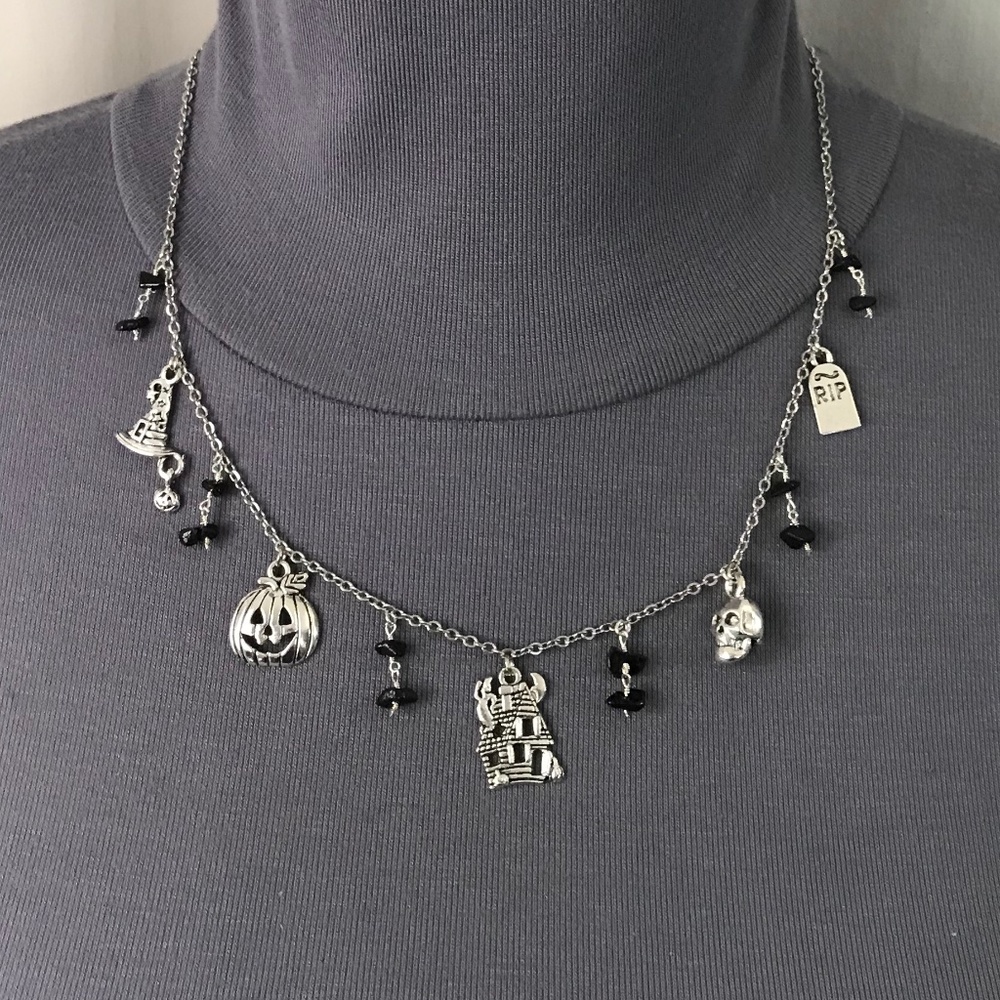 “All Hallows Eve" Handmade Silver Halloween Charm Necklace Haunted House Pumpkin - Picture 6 of 15